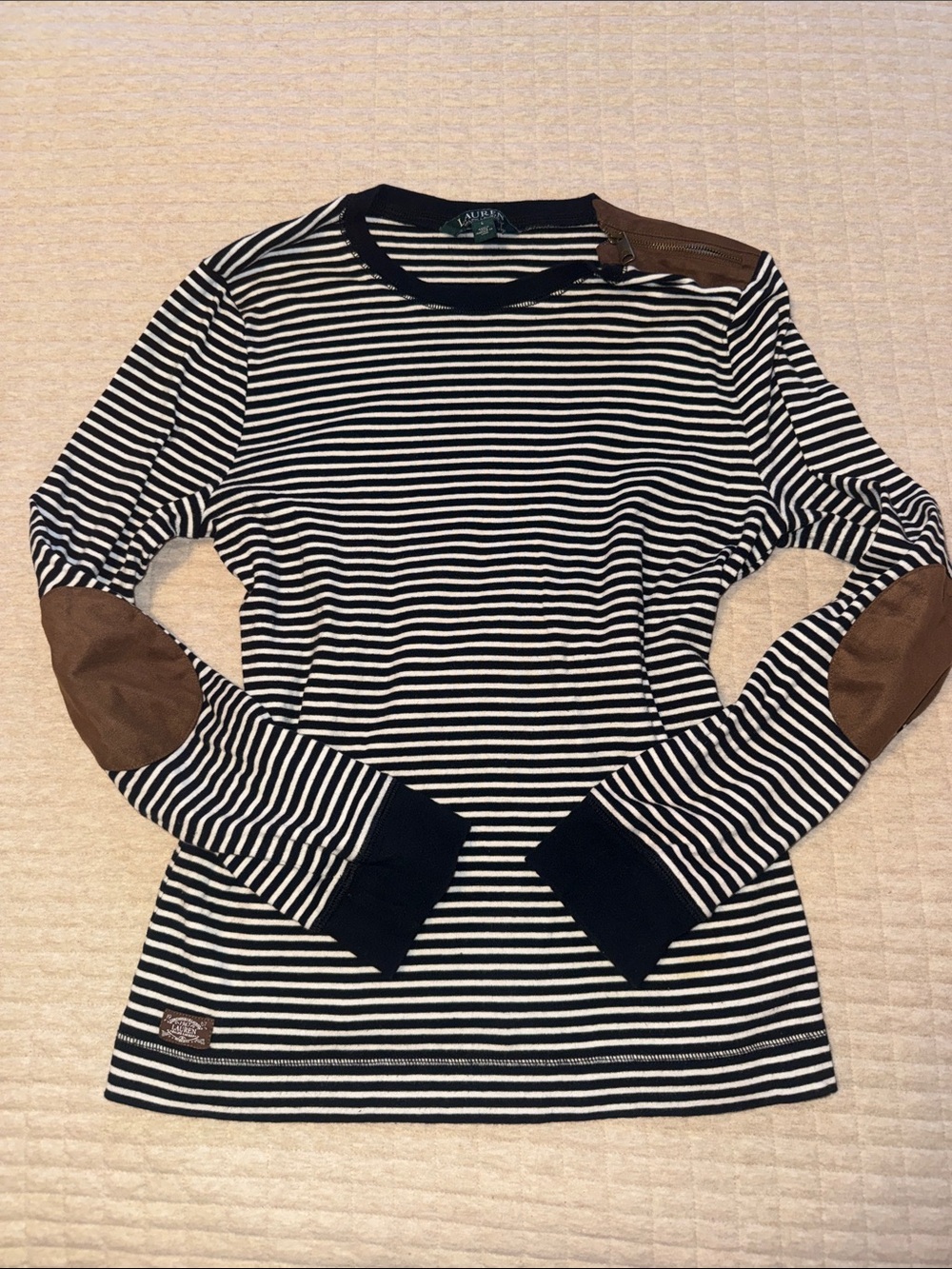 Ralph Lauren Black and White Striped Long Sleeve Top with Brown Elbow Patches